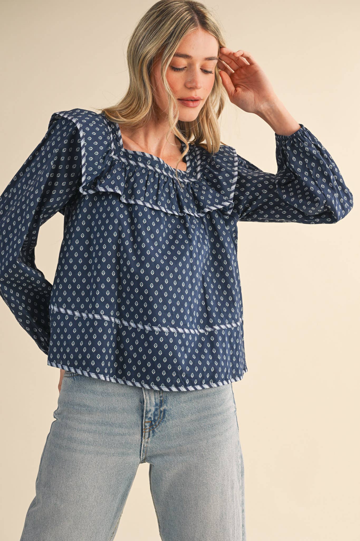 Baby Doll Square Neck Blouse - Navy