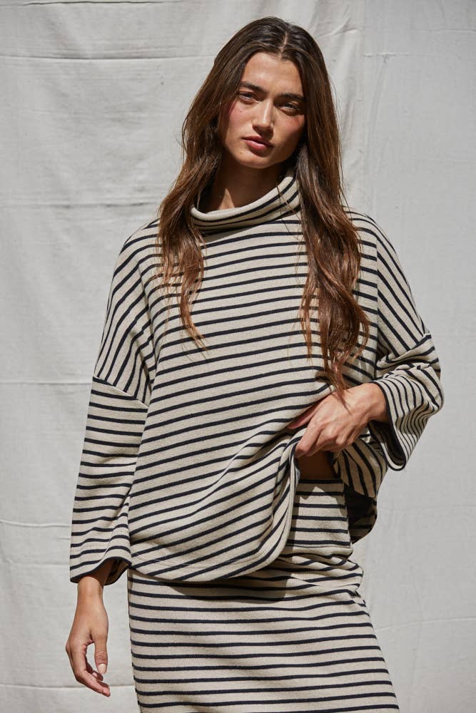 Knit Striped Pullover Top - Black/Taupe