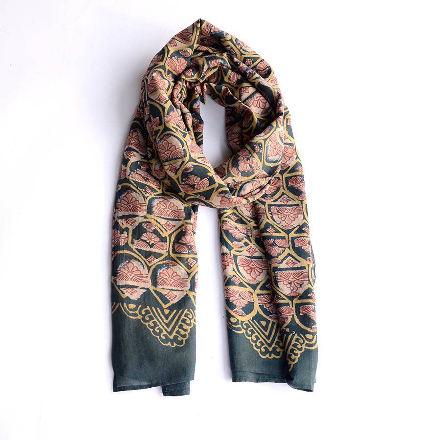 Cotton Silk Block Print Scarf - Emerald