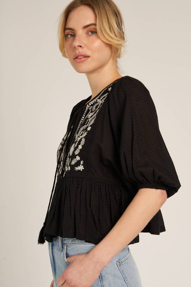 
                      
                        Puff Sleeve Embroidered Top - Black
                      
                    