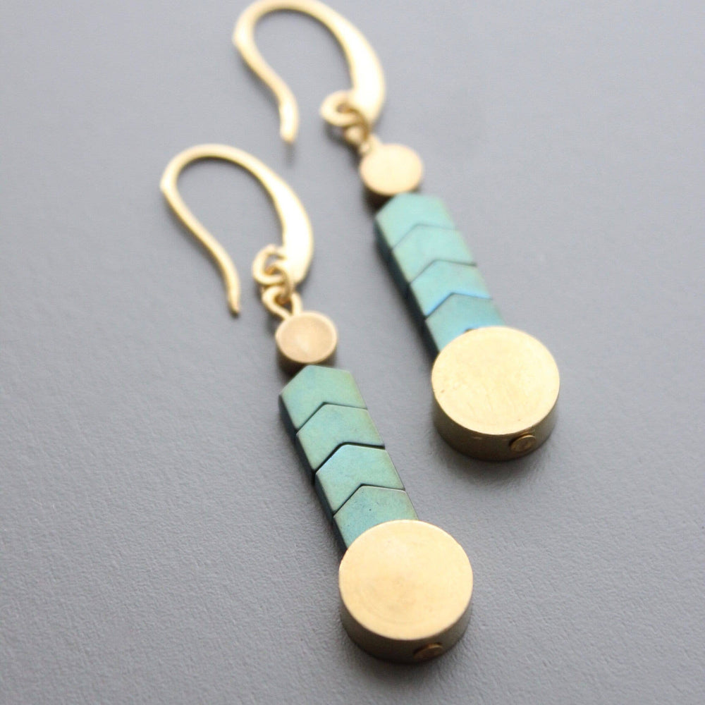 Green Hematite and Brass Earrings