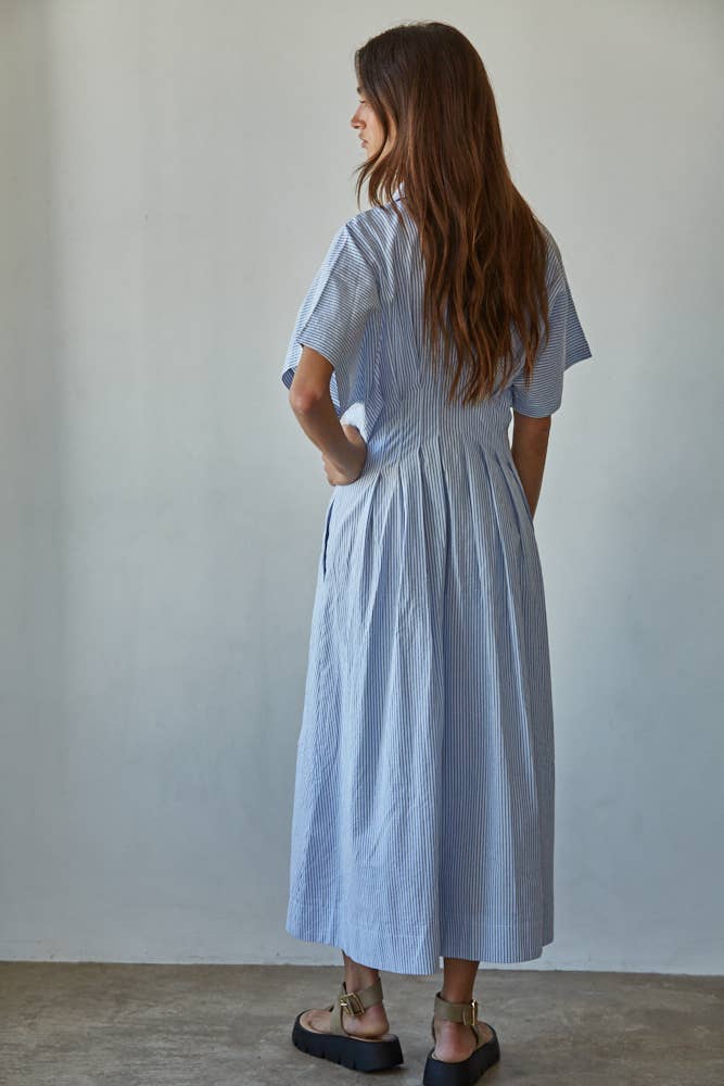 Striped Pleated Dress - Blue