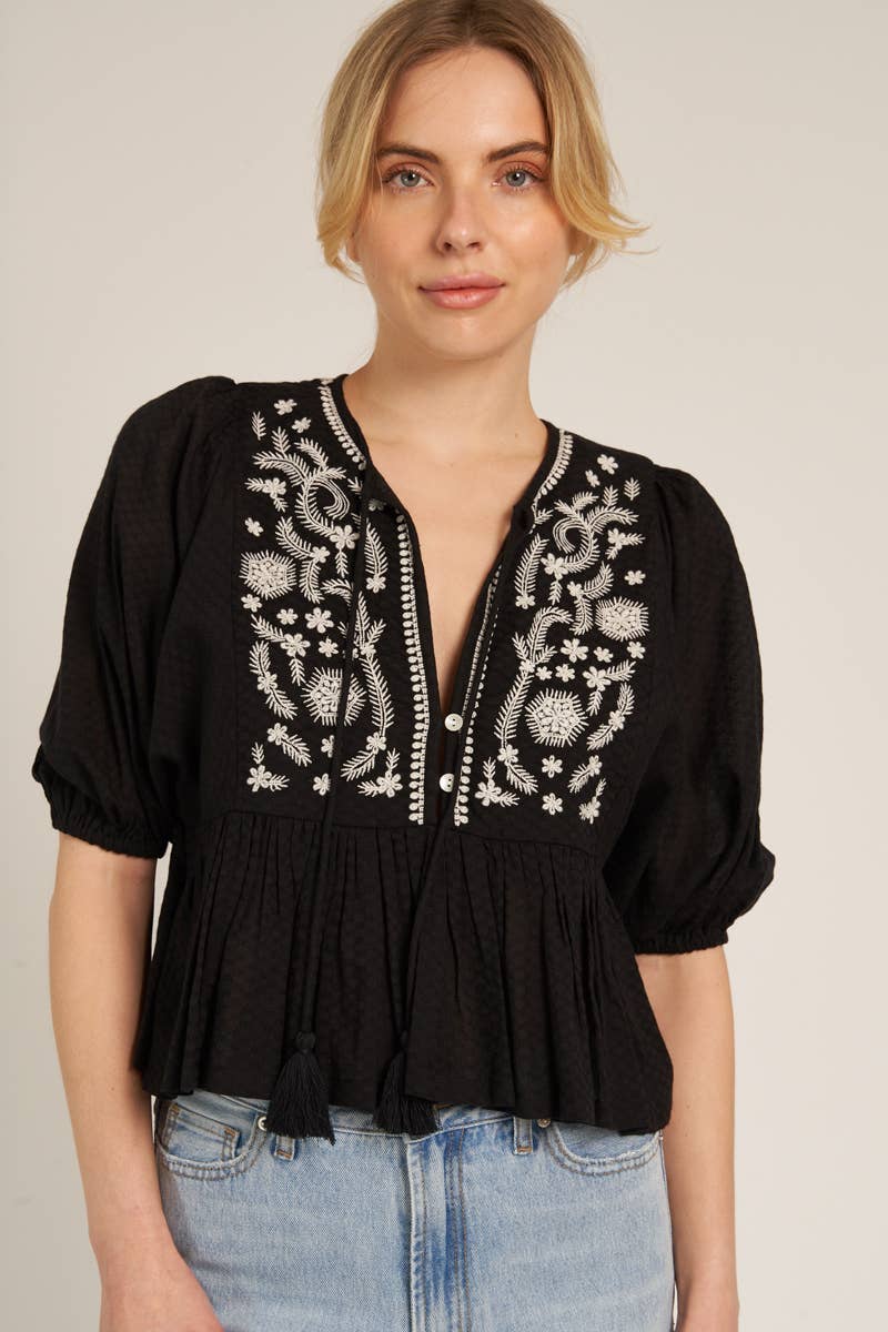 Puff Sleeve Embroidered Top - Black