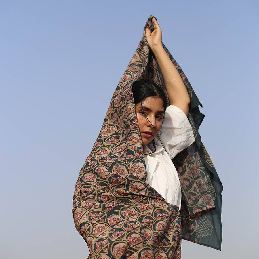 Cotton Silk Block Print Scarf - Emerald