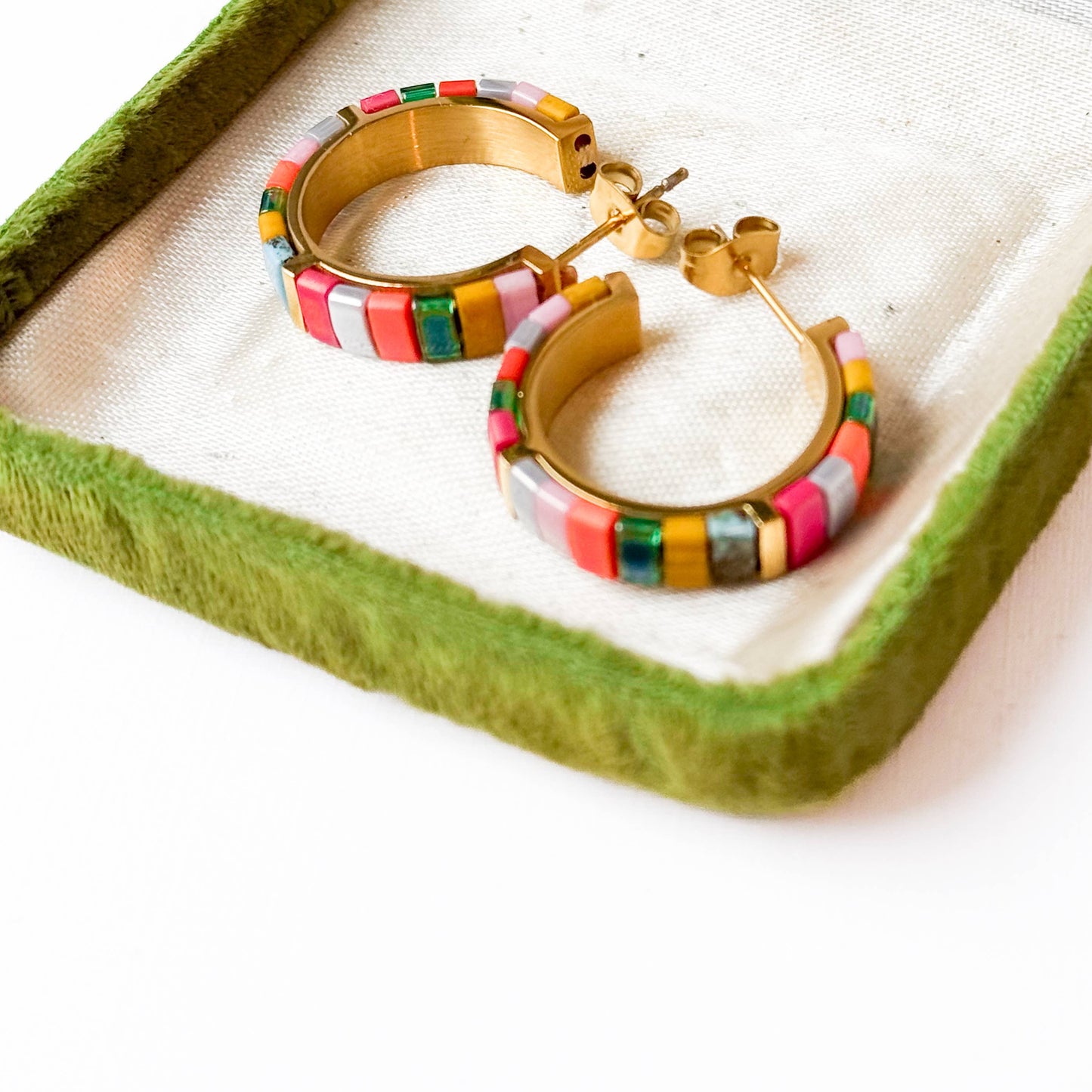 Small Tila Bead Hoop Earrings Gold-Plated, Handmade, Unique