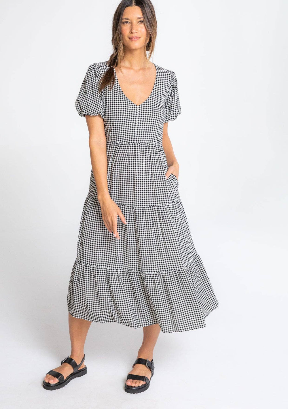 Gingham Puff Sleeve Midi Dress