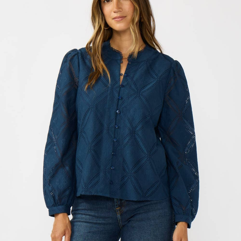 Lace Button Blouse - Navy