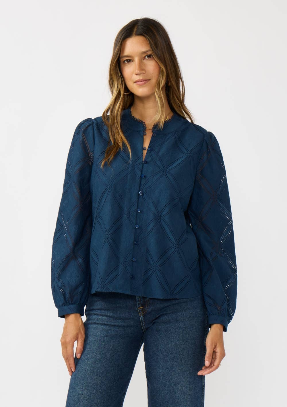 Lace Button Blouse - Navy