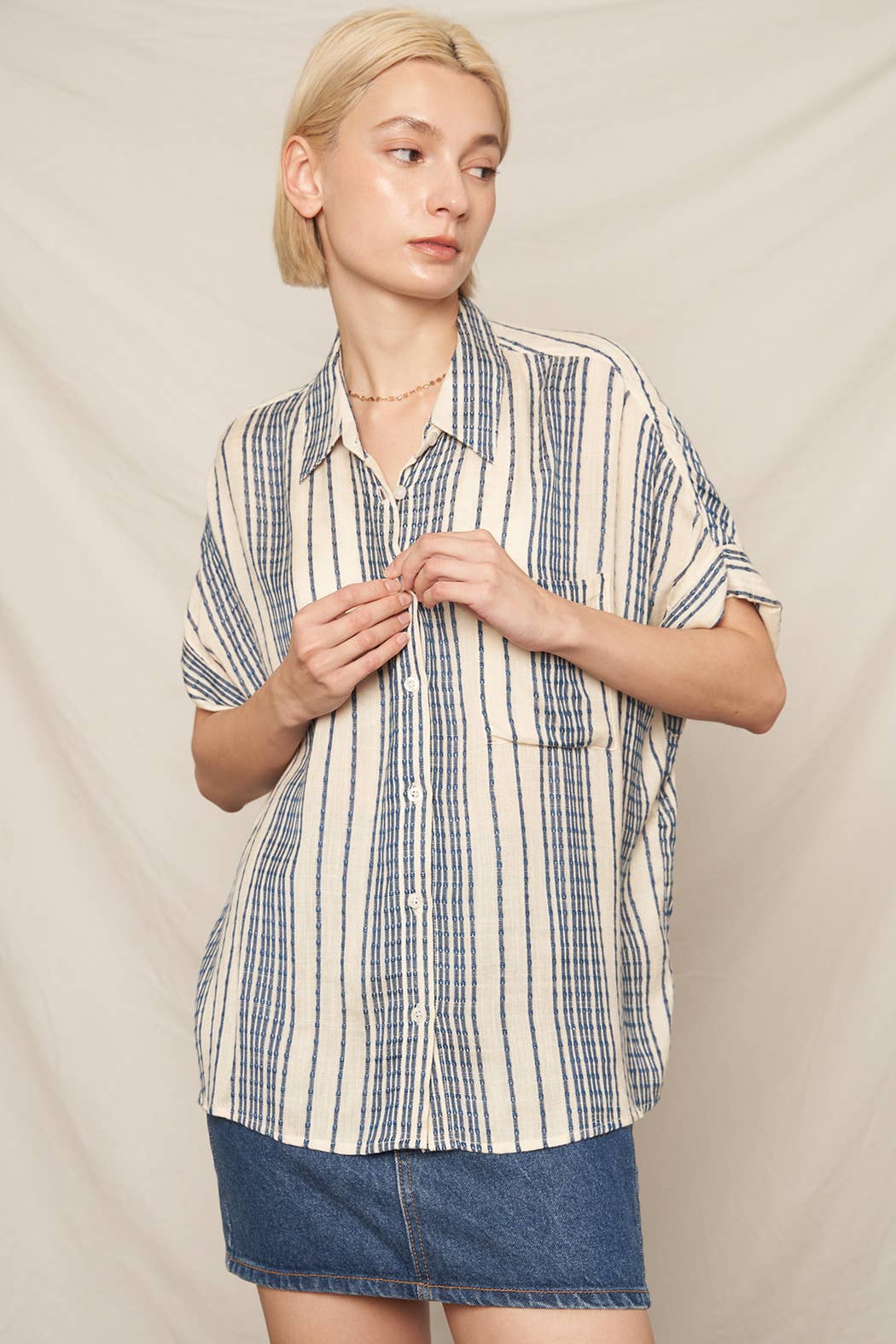 Short Sleeve Striped Top- Navy