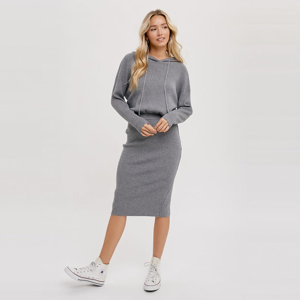 Ribbed Sweater Hoodie Dress - Grey