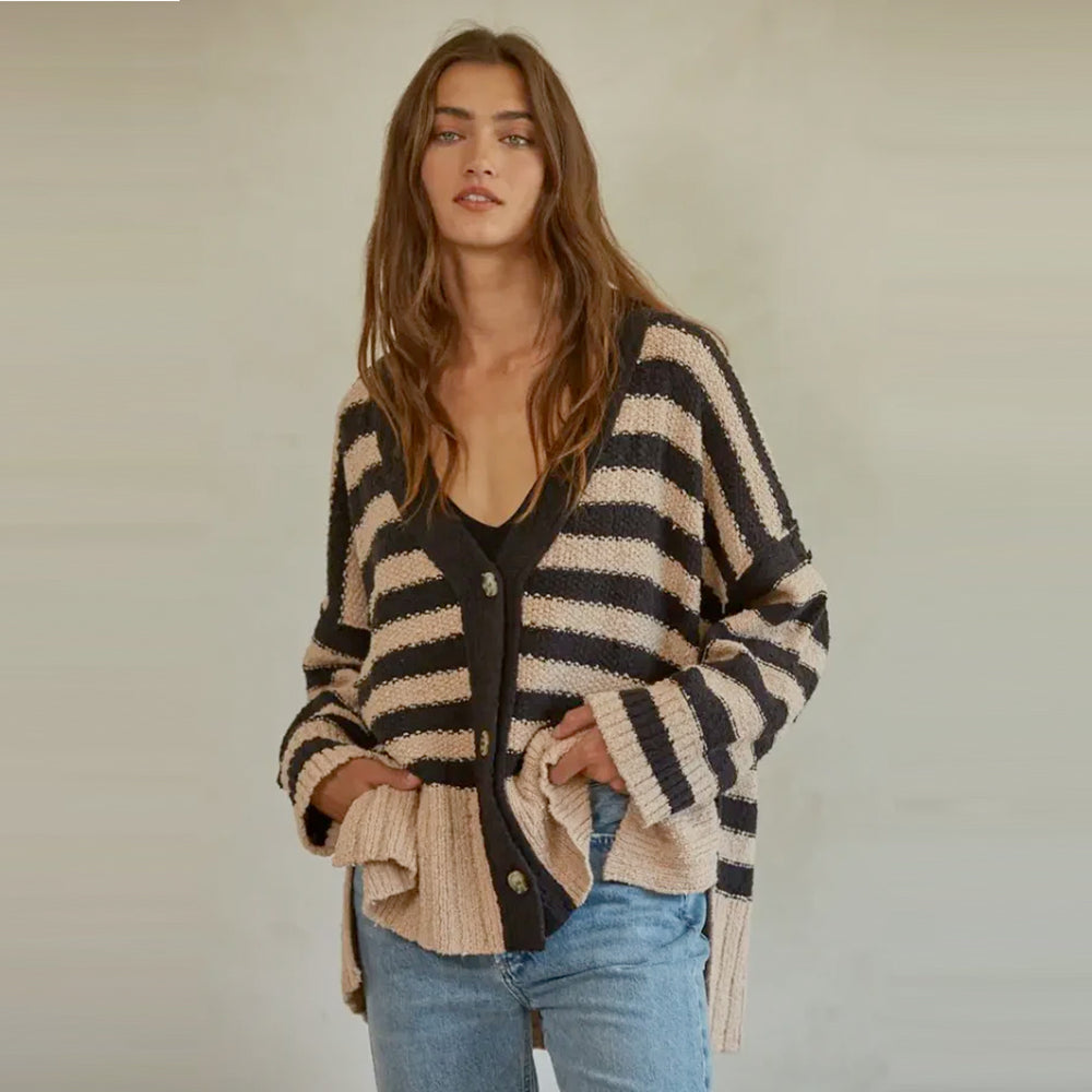 Striped Cardigan - Black/Taupe