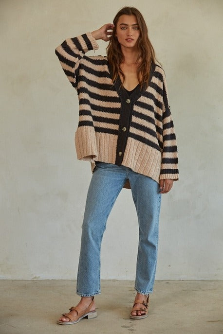 Striped Cardigan - Black/Taupe