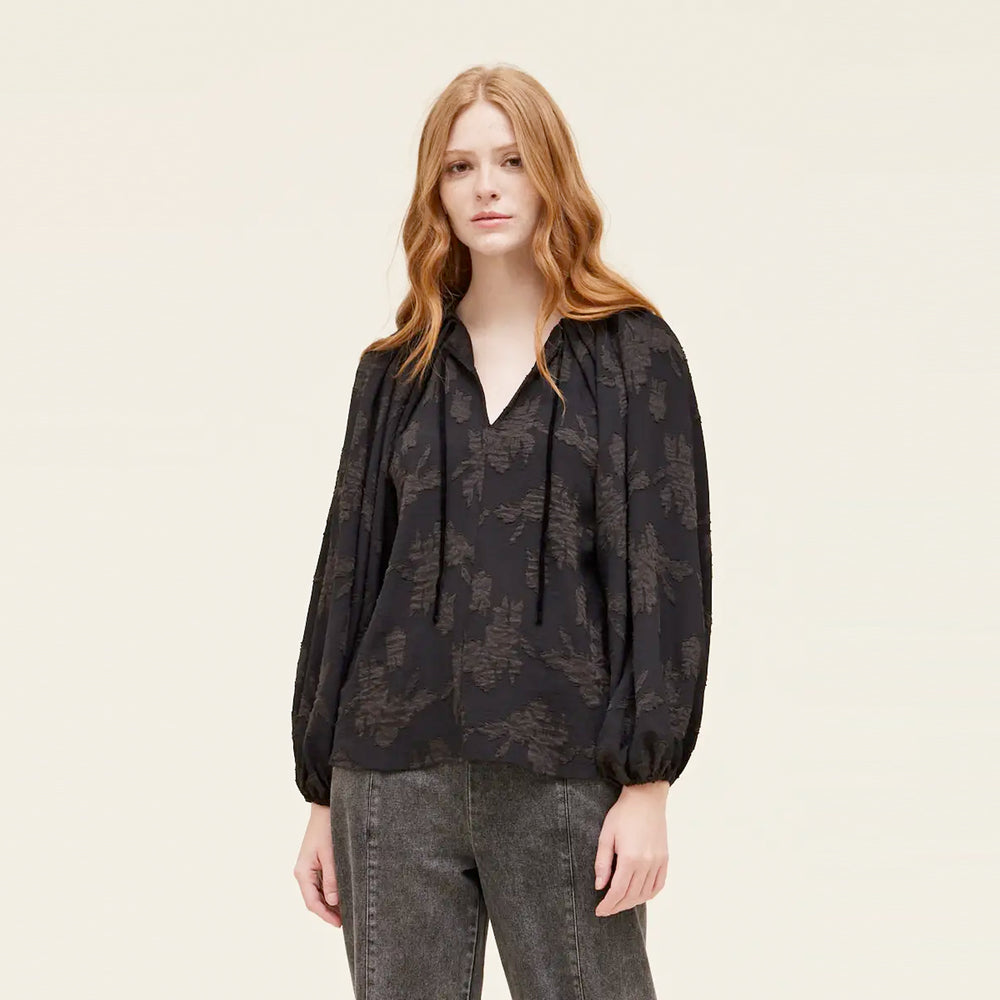 Pleated Jacquard Blouse - Black