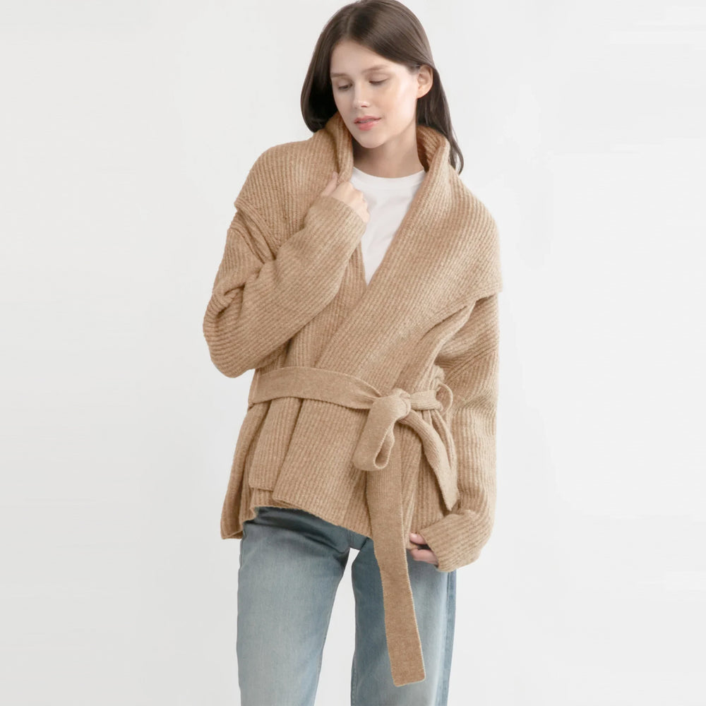 Shawl Collar Belt Cardigan - Camel