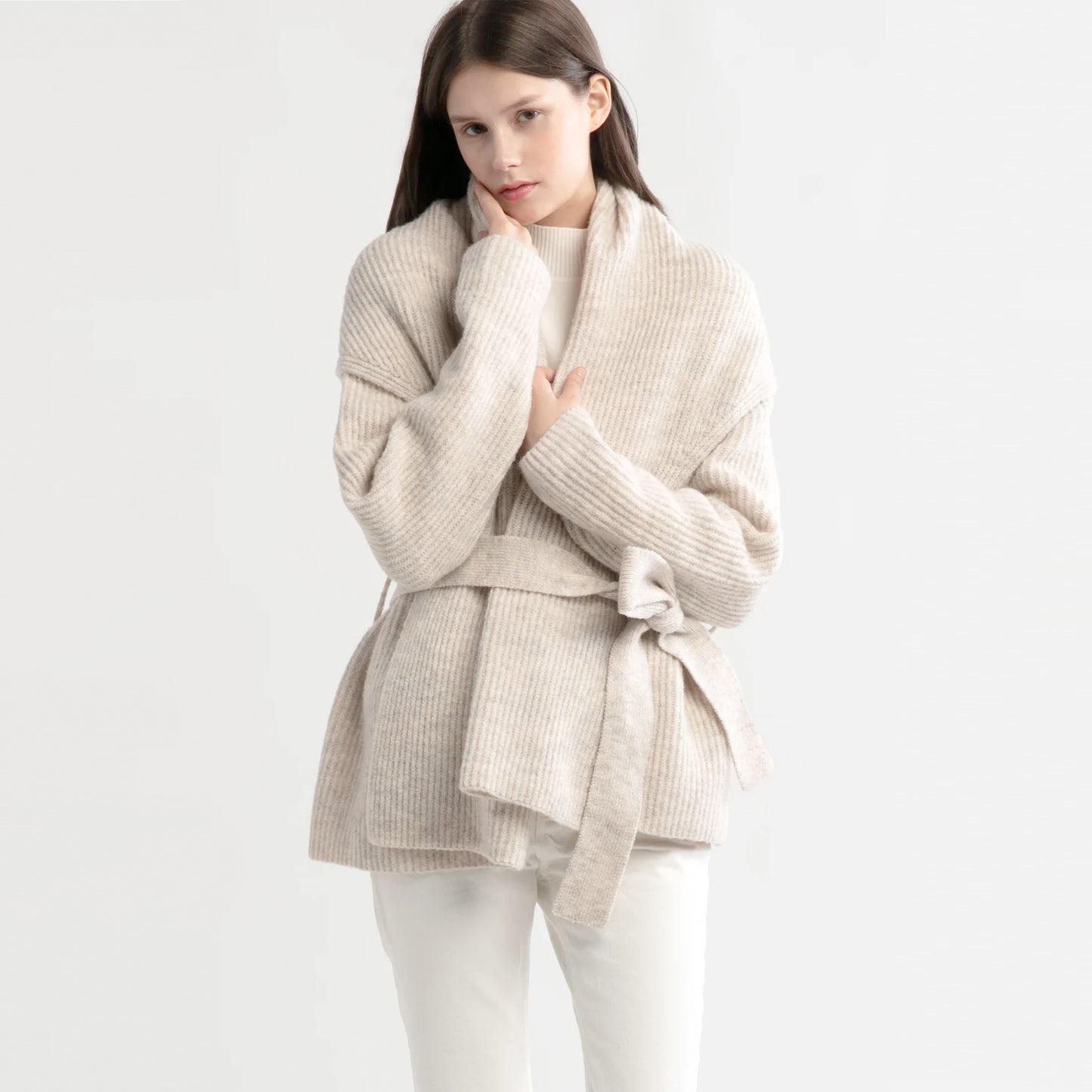 Shawl Collar Belt Cardigan - Oatmeal