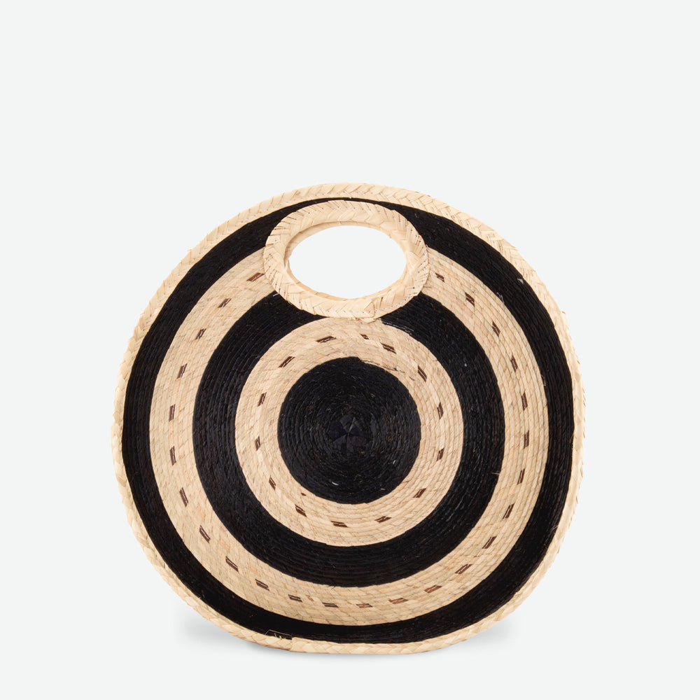 Round Straw Beach Tote in Black/Natural