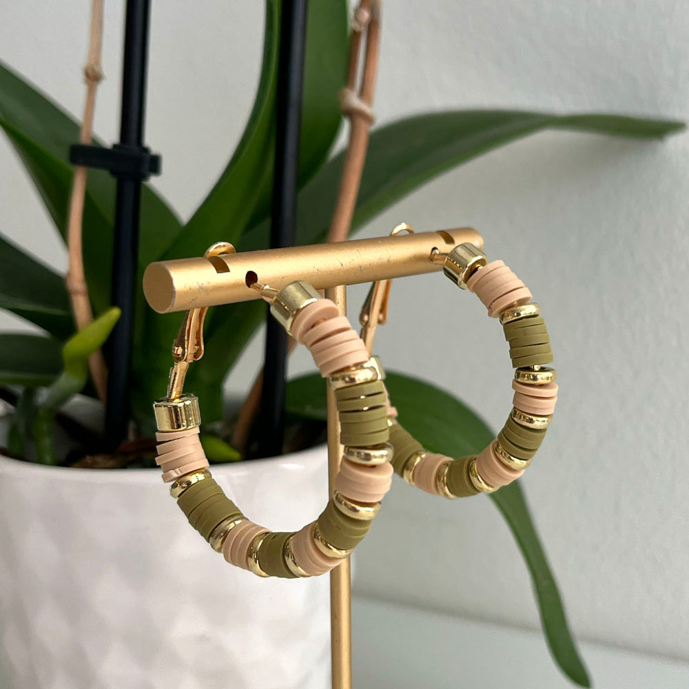 Clay Beaded Hoops - 40mm Sage Green/Gold