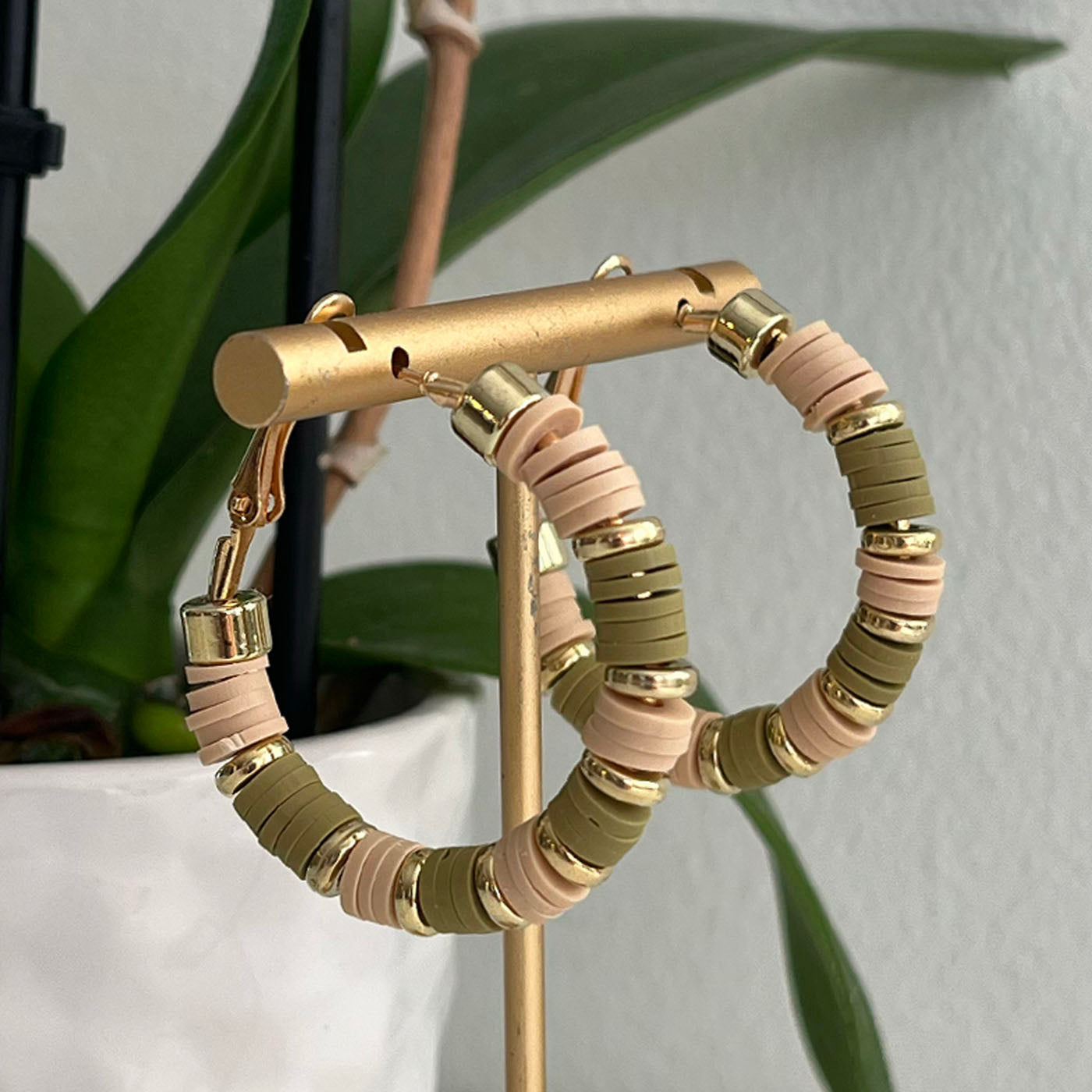 Clay Beaded Hoops - 40mm Sage Green/Gold