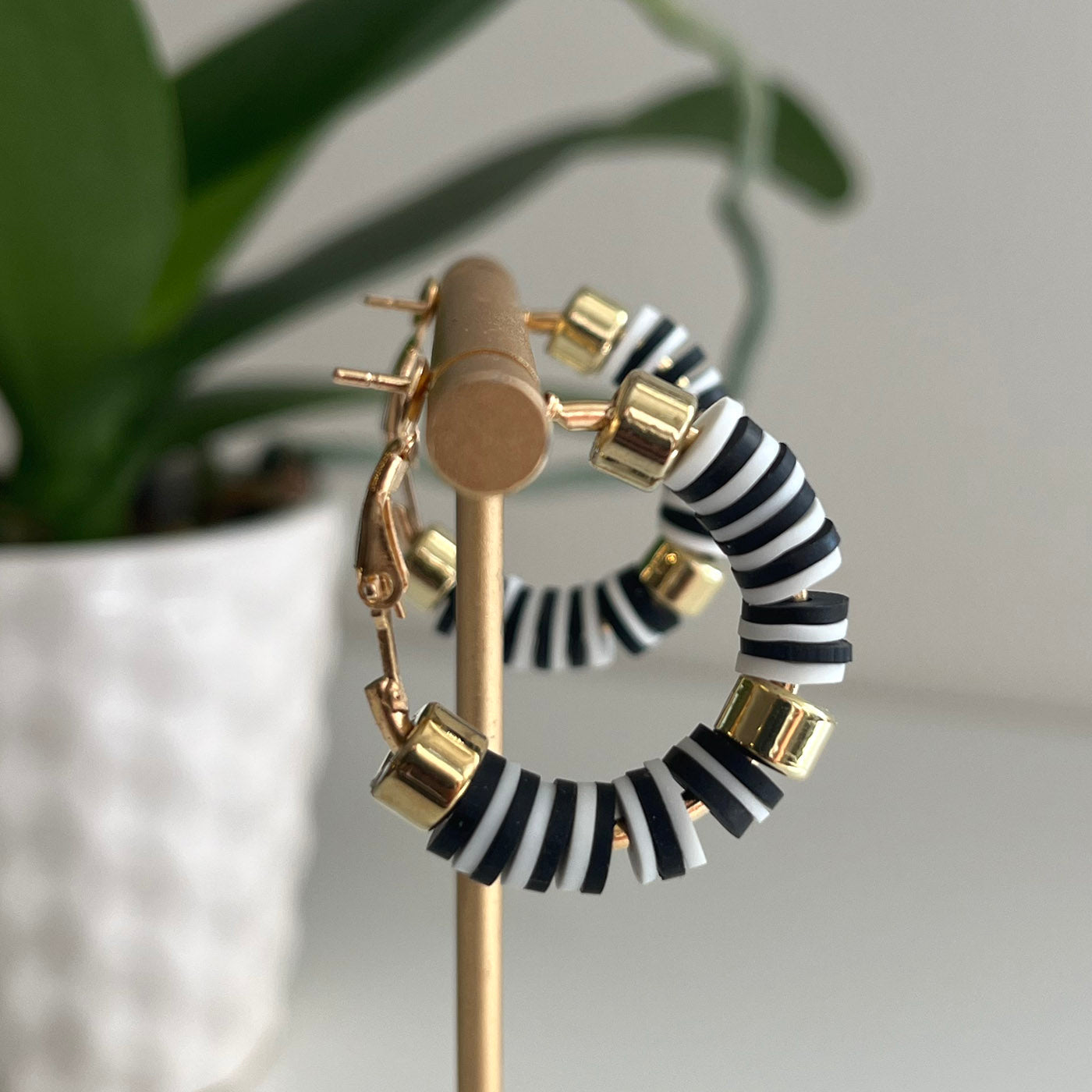 Clay Beaded Hoops - 35mm Black/White/Gold