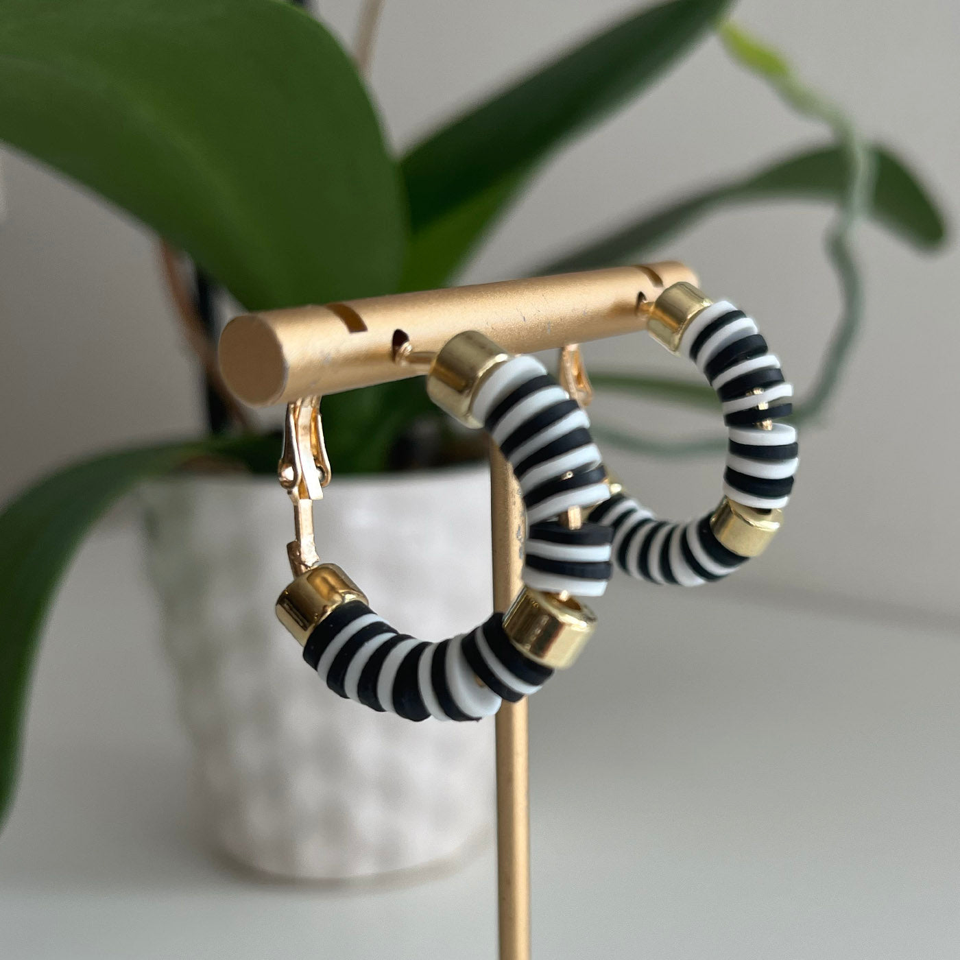 Clay Beaded Hoops - 35mm Black/White/Gold