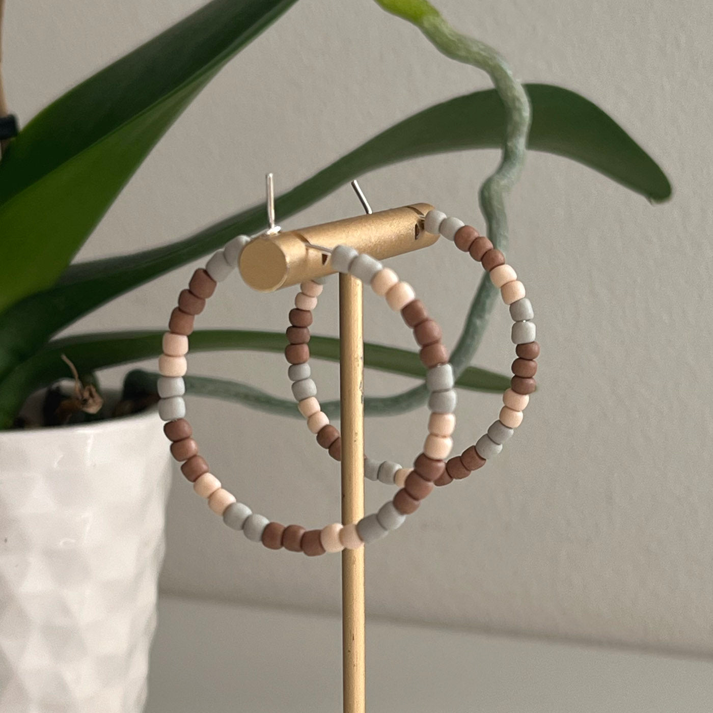 Matte Glass Beaded Hoops - 35mm Brown / Blue / Beige