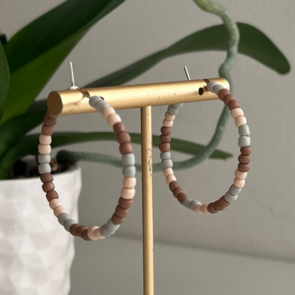 Matte Glass Beaded Hoops - 35mm Brown / Blue / Beige