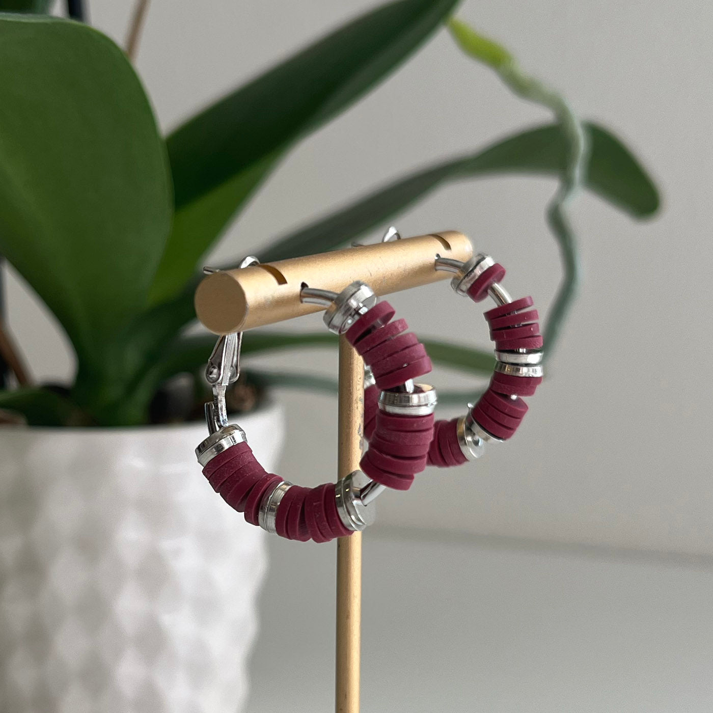 Clay Beaded Hoops - 35mm Burgundy/Silver