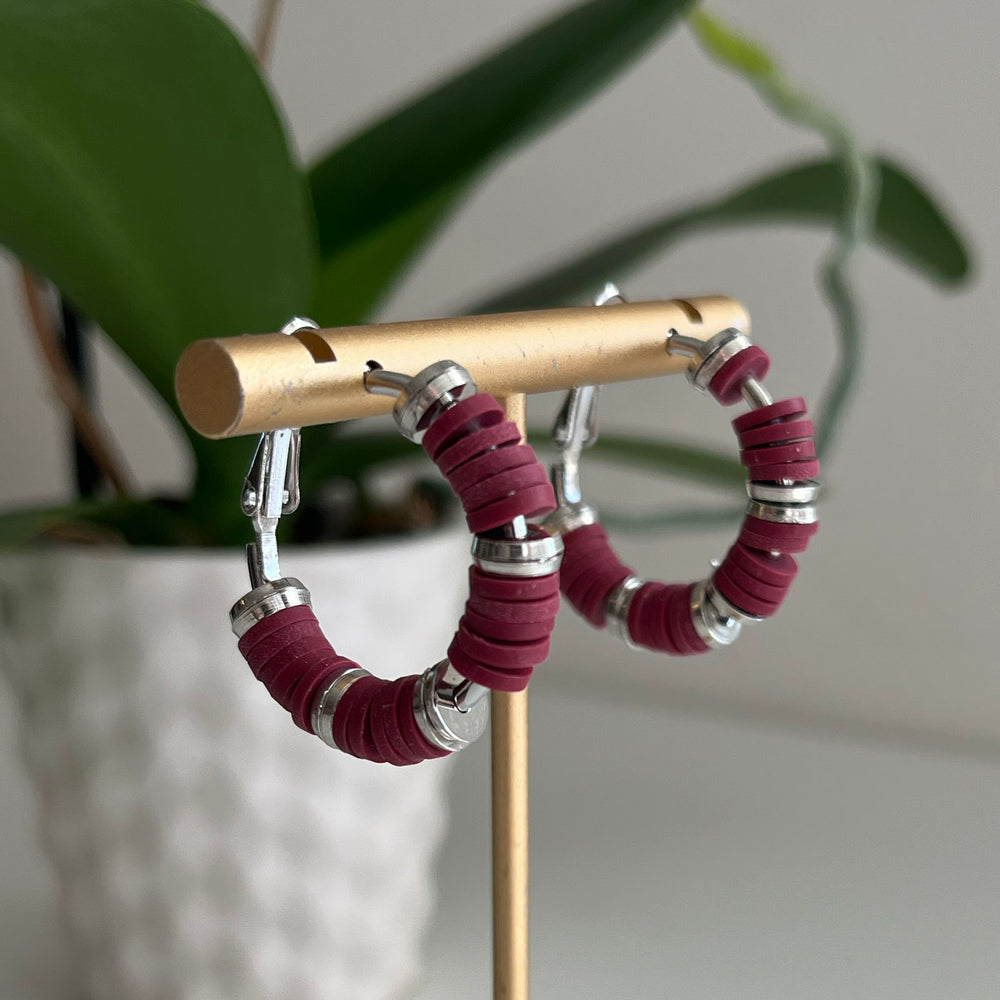 Clay Beaded Hoops - 35mm Burgundy/Silver