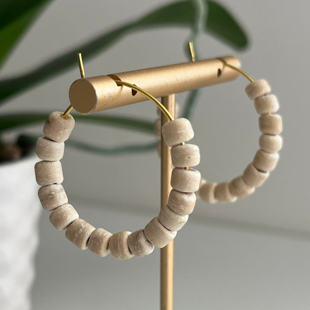 Coconut Beaded Hoops - 35mm Cream Shell