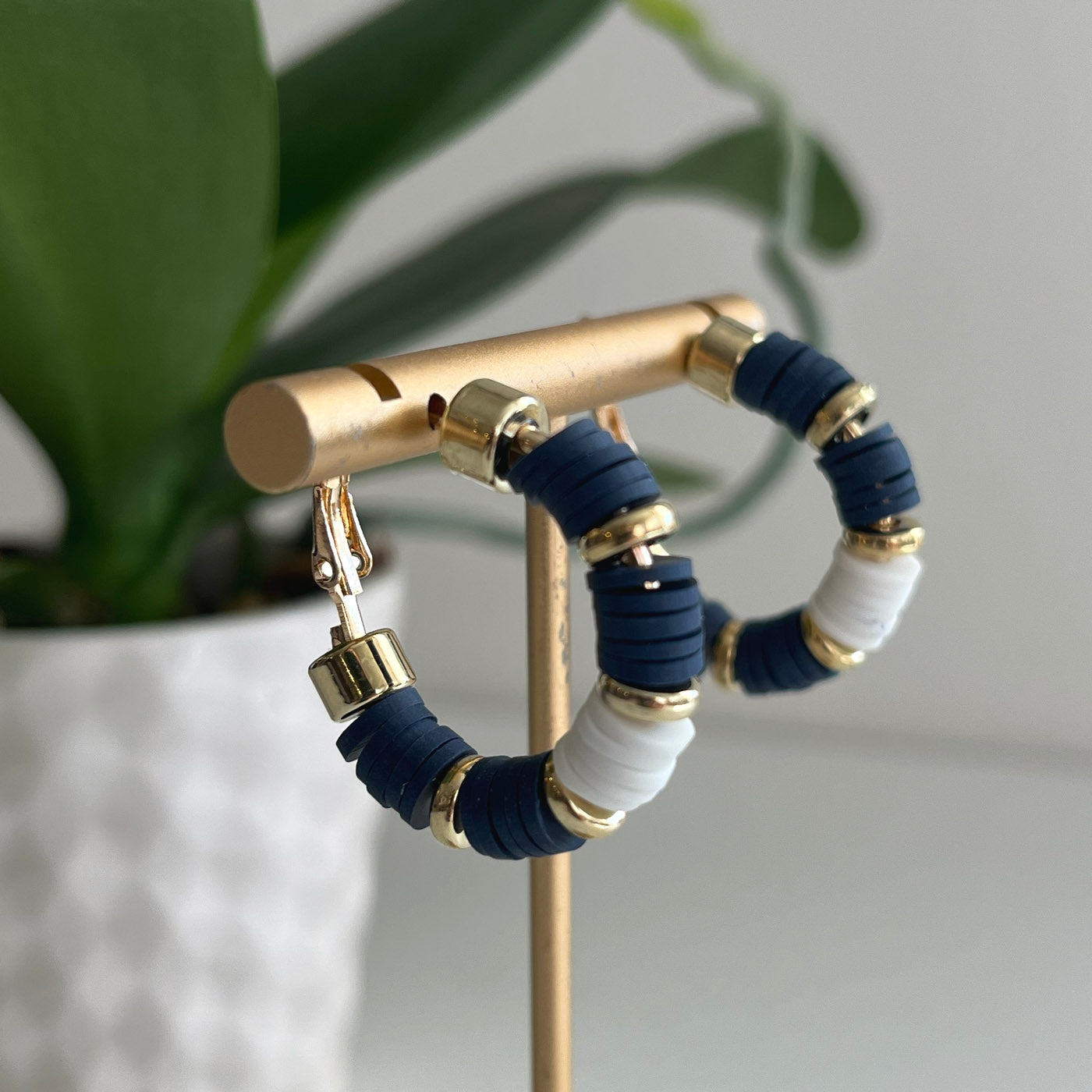 Clay Beaded Hoops - 35mm Navy/White/Gold