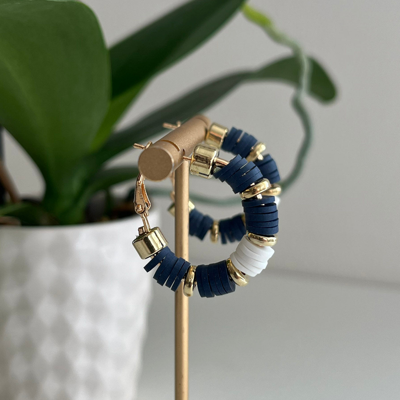 Clay Beaded Hoops - 35mm Navy/White/Gold