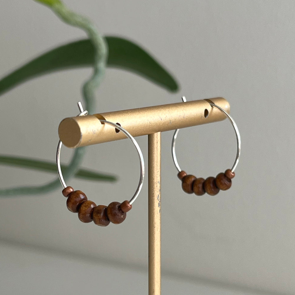 Brown Glass/Wood Beaded Hoops - 20mm