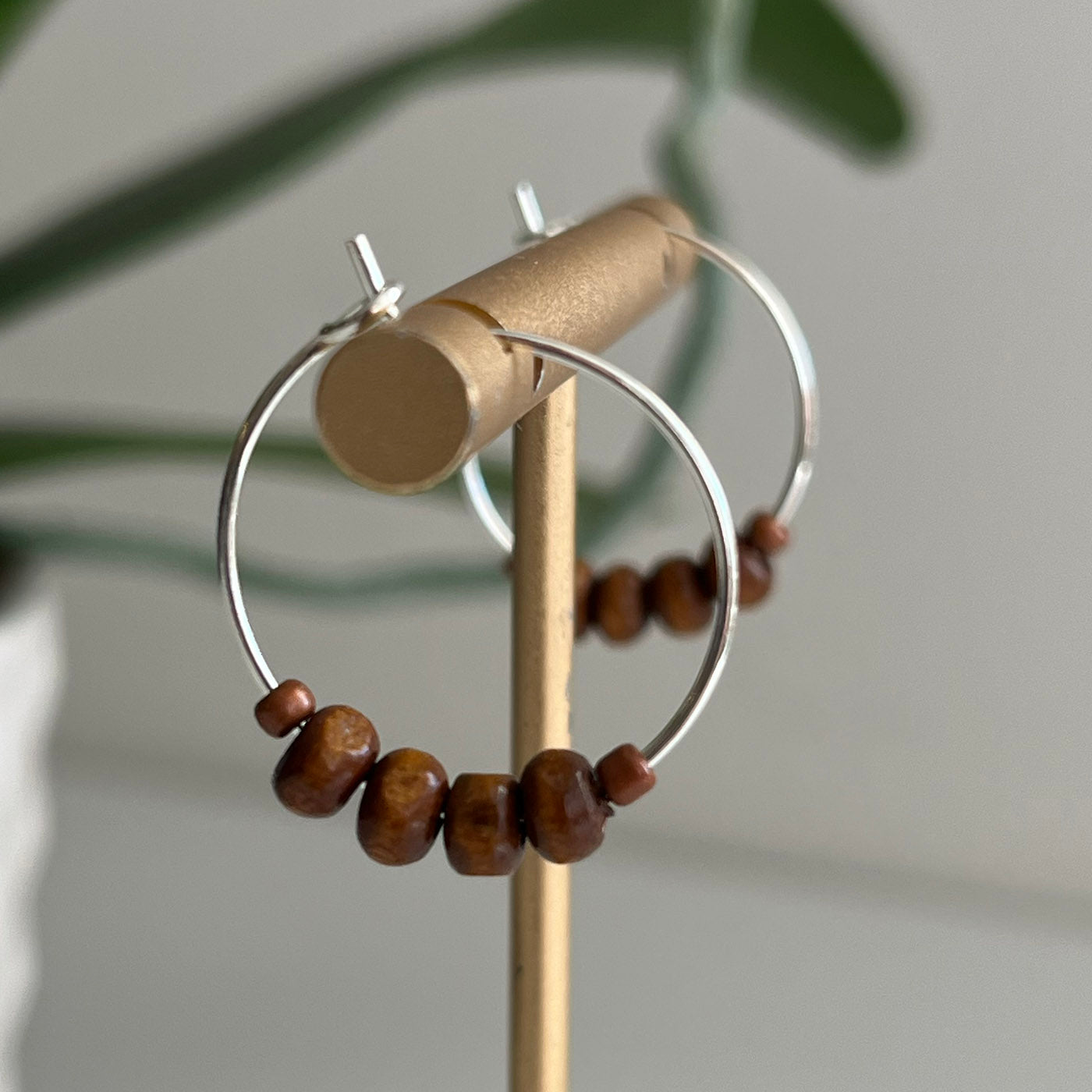 Brown Glass/Wood Beaded Hoops - 20mm