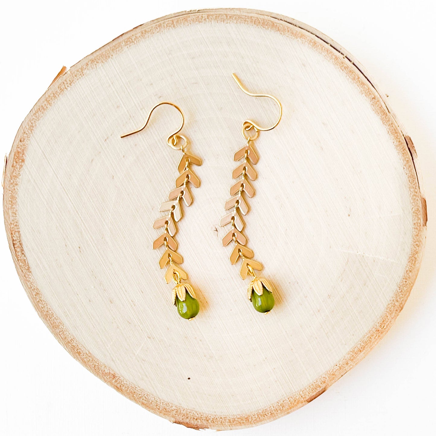 Gold Chevron and Green Bead Earrings