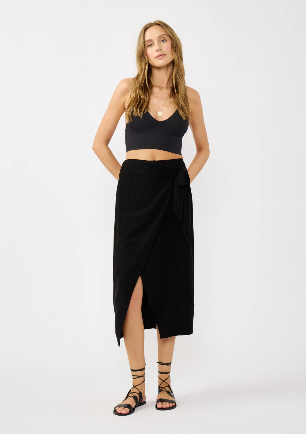 Smocked Back Wrap Midi Skirt