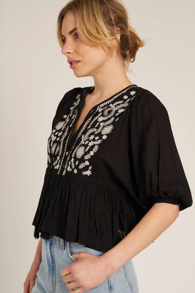 
                      
                        Puff Sleeve Embroidered Top - Black
                      
                    