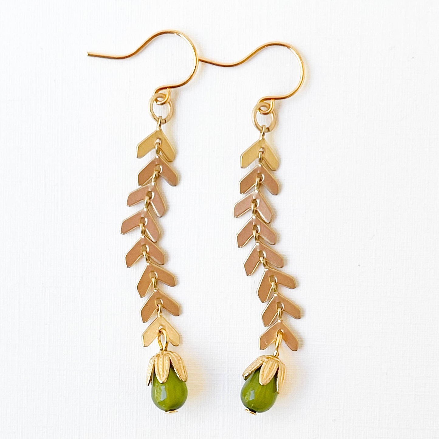 Gold Chevron and Green Bead Earrings