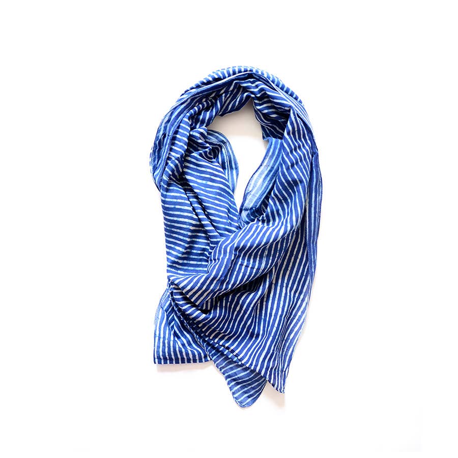 Cotton Silk Block Print Scarf - Indigo
