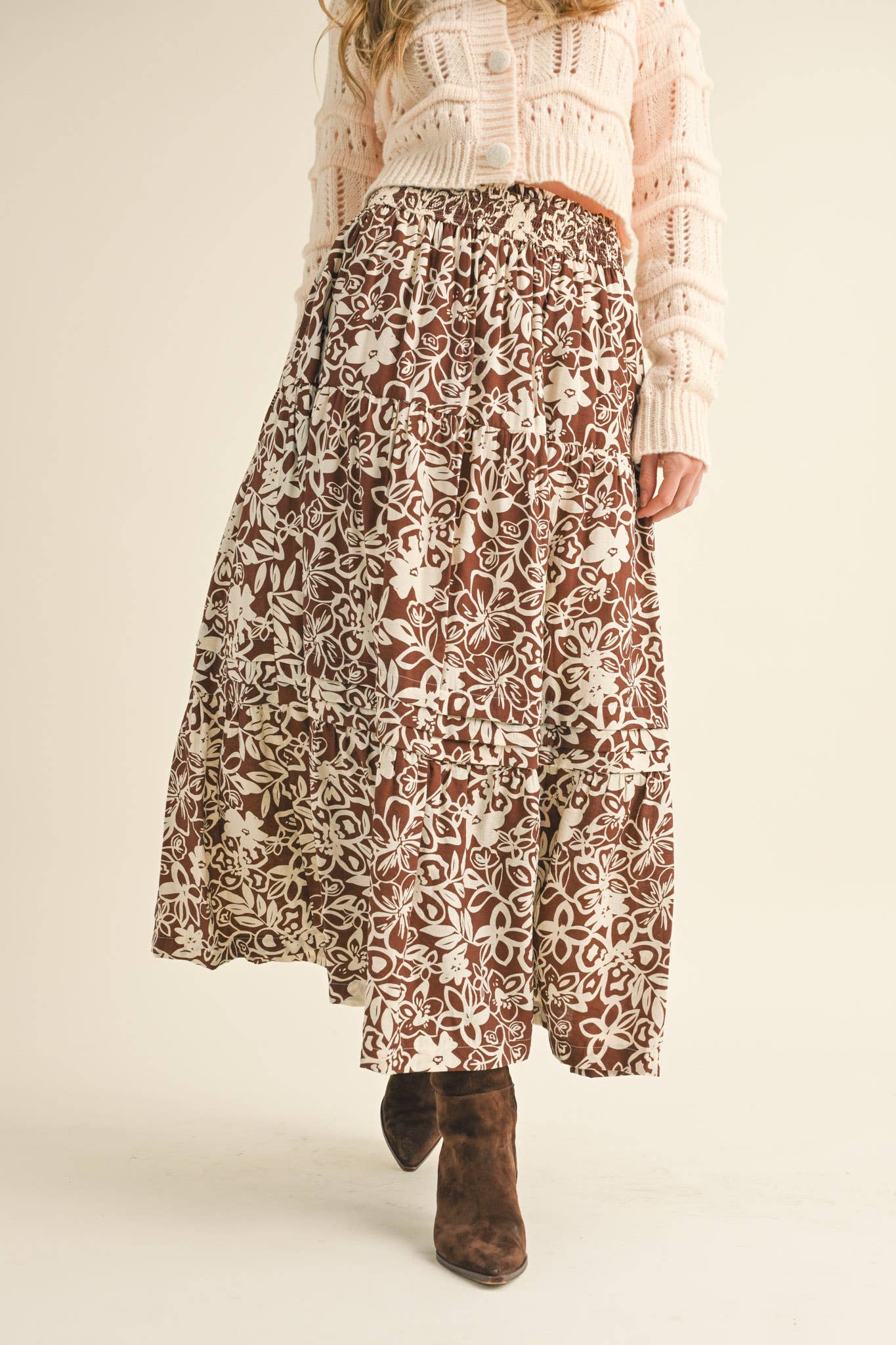 Floral Midi Skirt - Brown