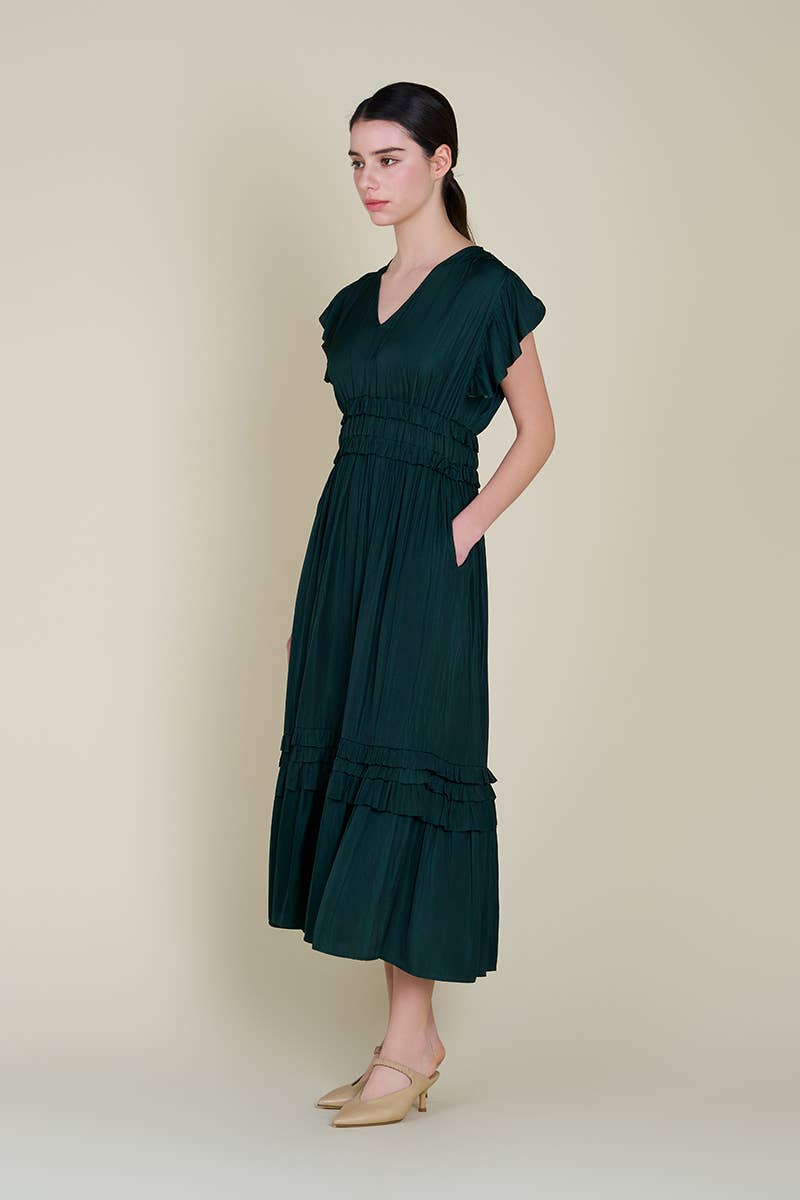 Ruffled Satin Dress - Emerald