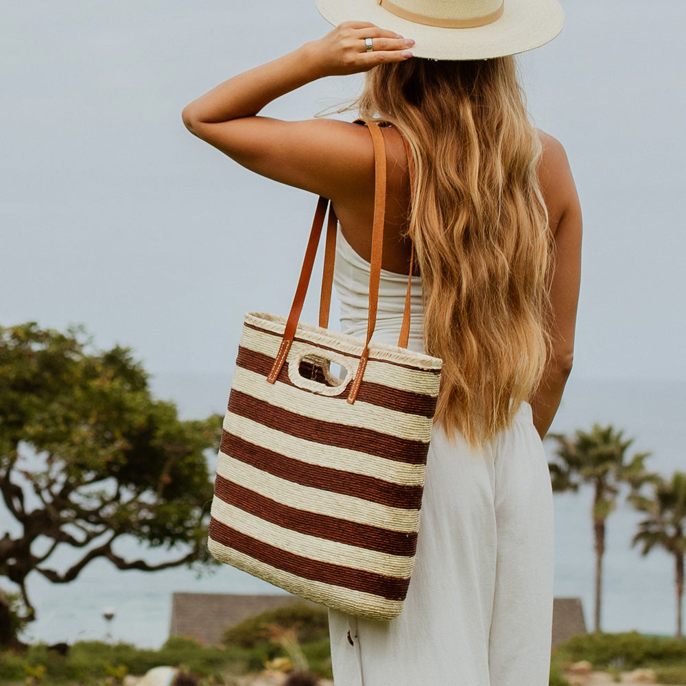 Catalina Double Handle Straw Tote Bag - Natural / Brown