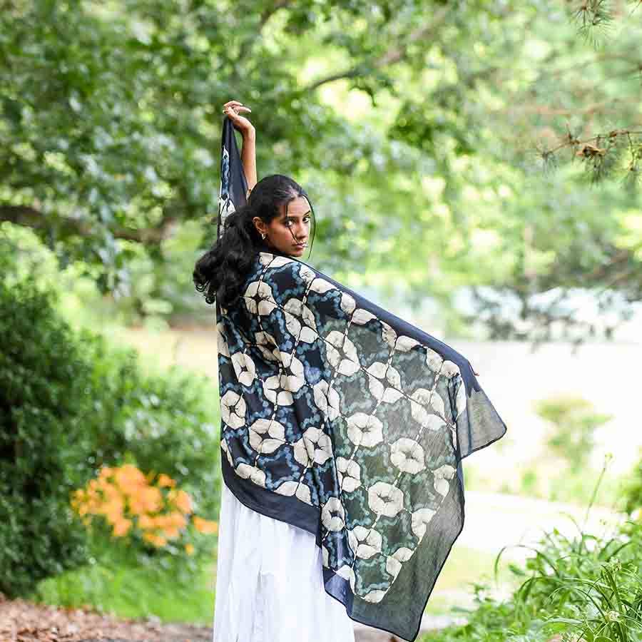 Cotton Silk Block Print Scarf - Grenada