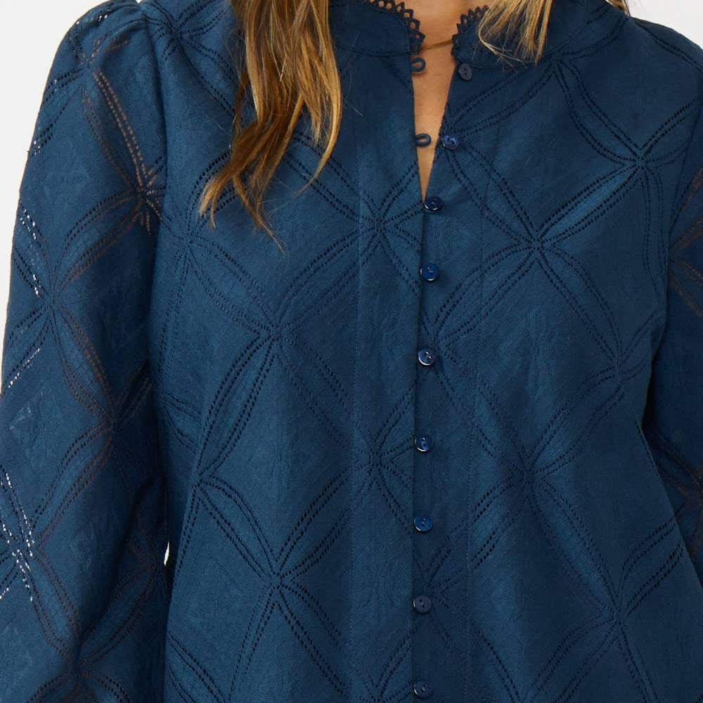 Lace Button Blouse - Navy