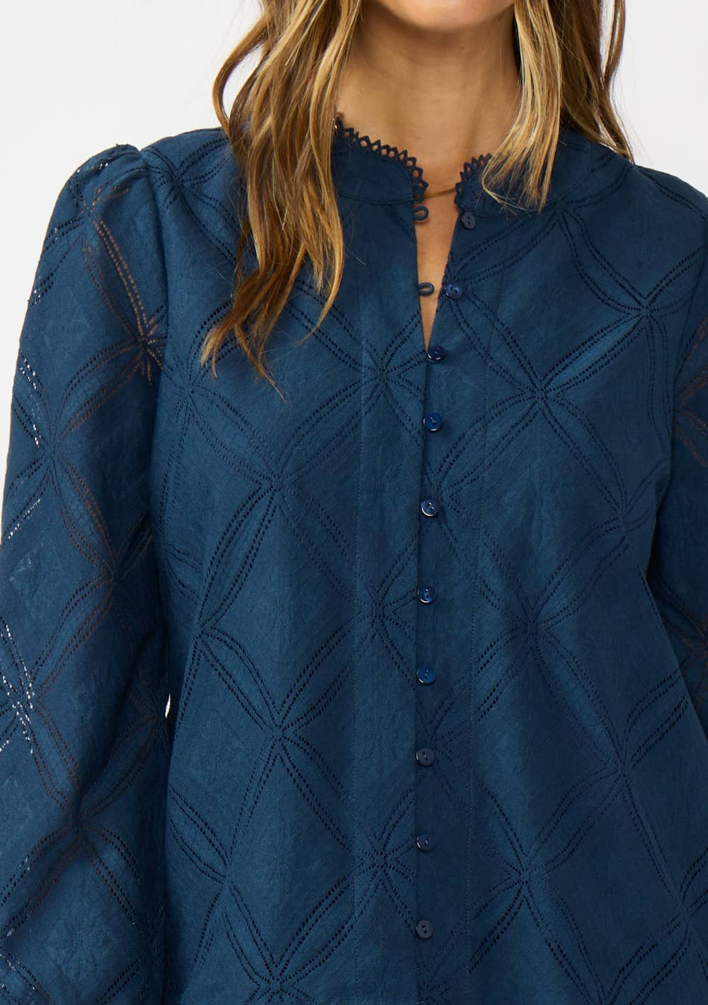 Lace Button Blouse - Navy