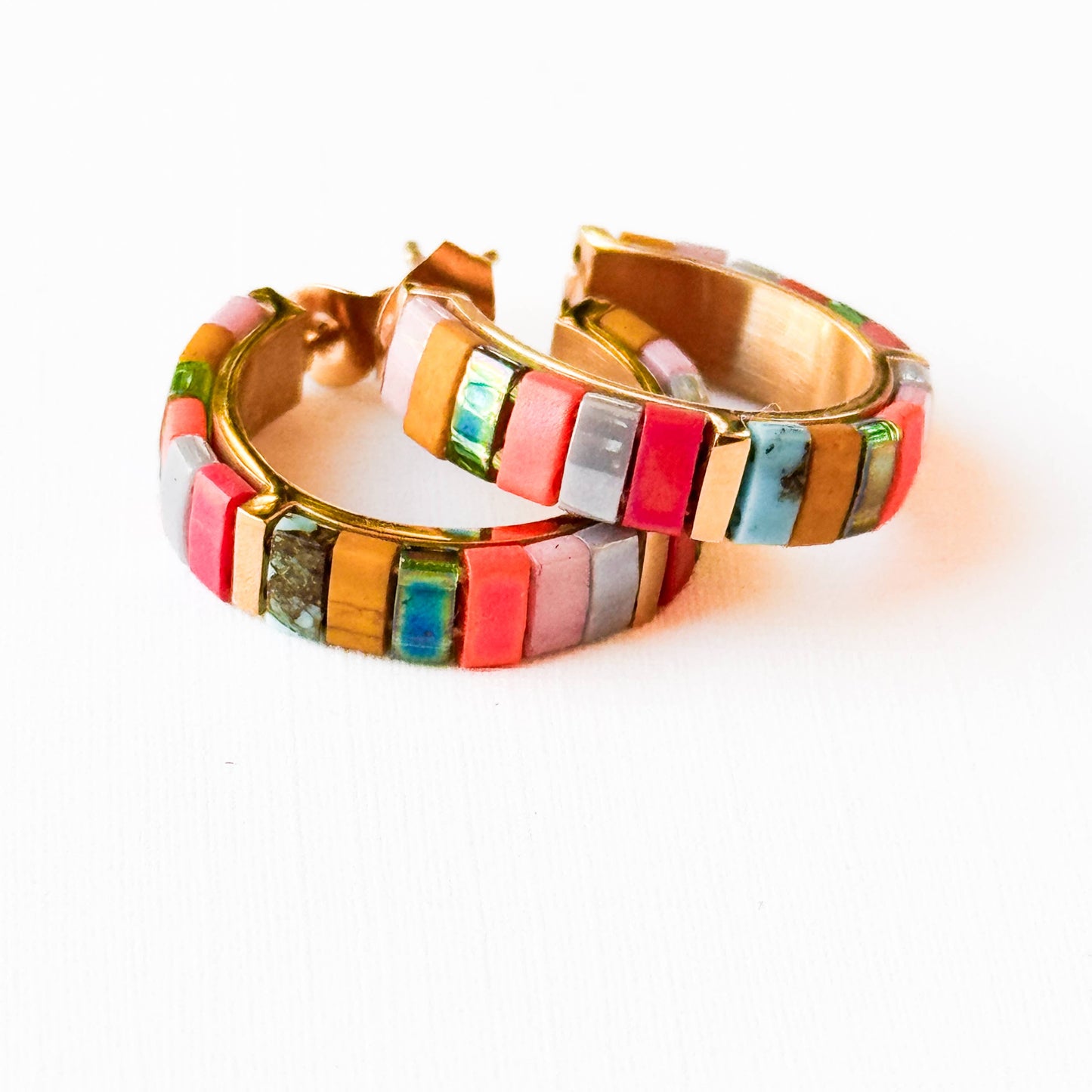 Small Tila Bead Hoop Earrings Gold-Plated, Handmade, Unique