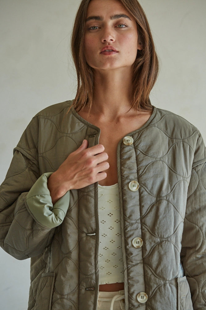 Woven Nylon Quilted Jacket - Olive