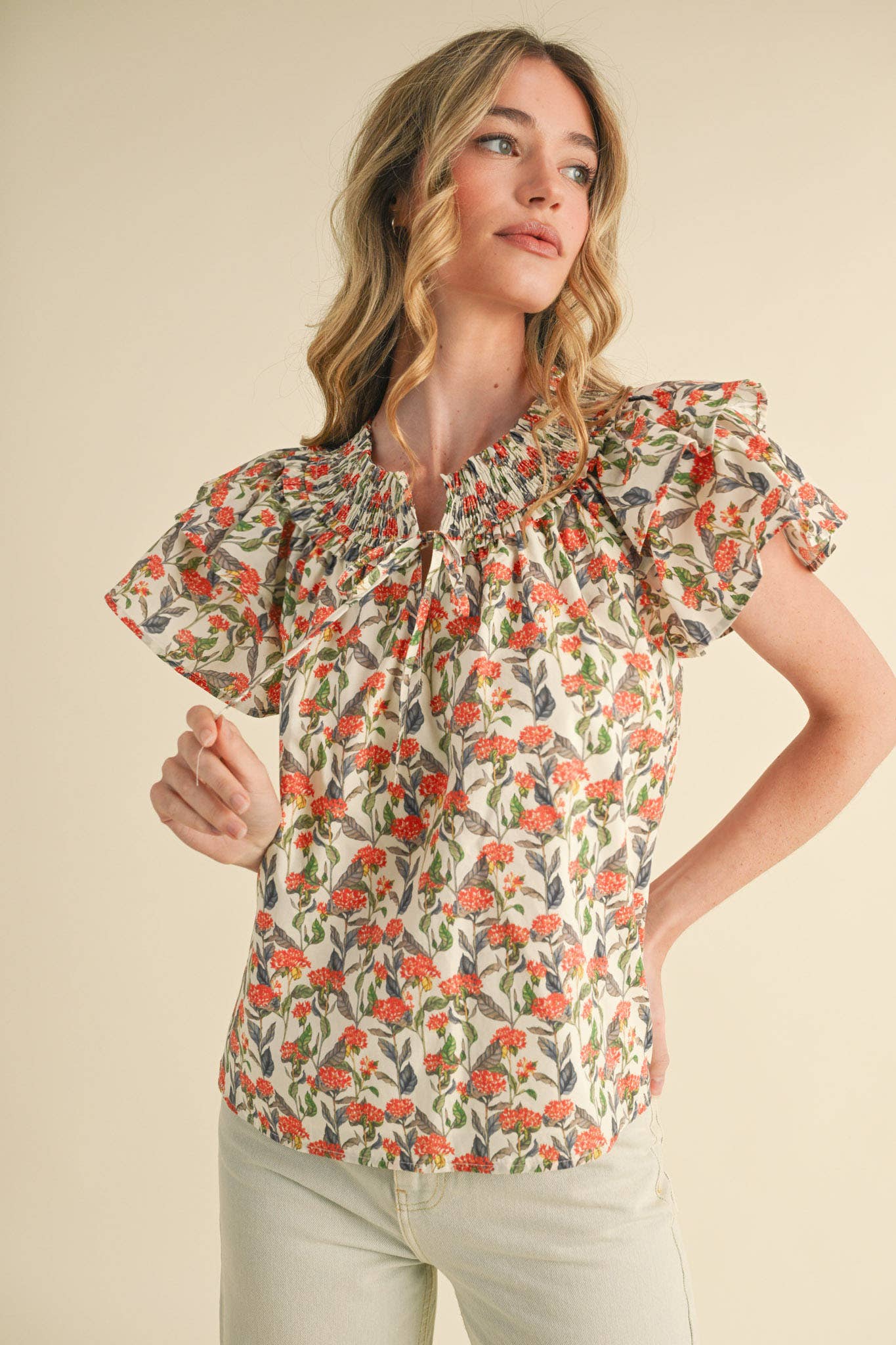 Floral Flutter Sleeve Blouse - Ivory