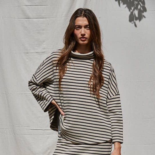 Knit Striped Pullover Top - Black/Taupe