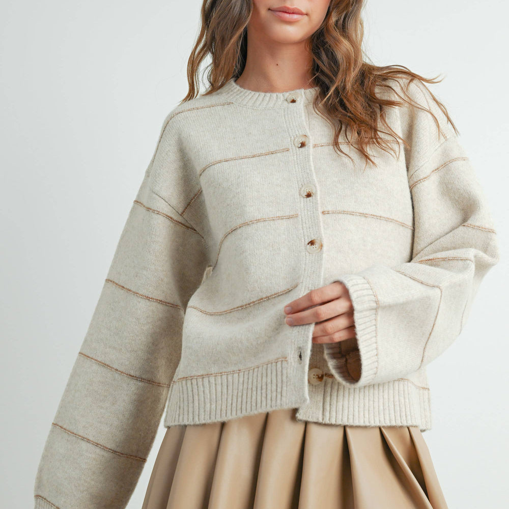 Button Front Striped Cardigan - Taupe