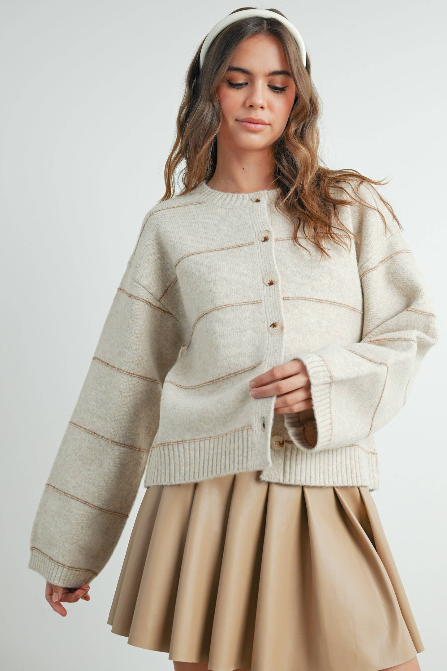 Button Front Striped Cardigan - Taupe